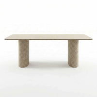 【LAS VEGAS MARKET EXHIBIT】Fluted Travertine Veneer Sintered Stone Dining Table, Oval Double Pedestal Rectangle Table