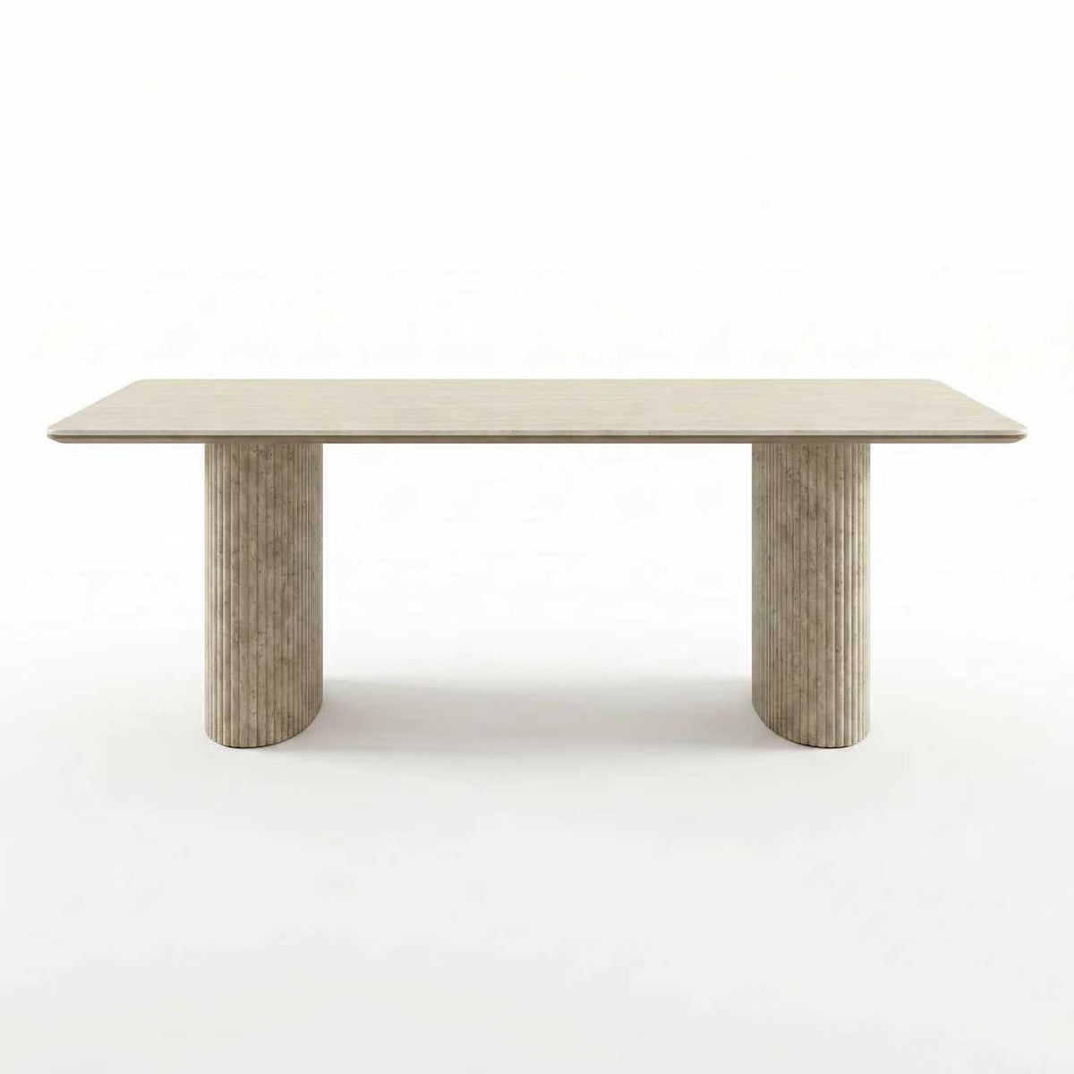 【LAS VEGAS MARKET EXHIBIT】Fluted Travertine Veneer Sintered Stone Dining Table, Oval Double Pedestal Rectangle Table