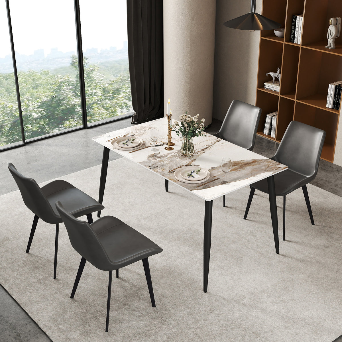 3 Sizes & 3 Colors Rectangular Dining Table – 2-Tone Tapered Metal Legs