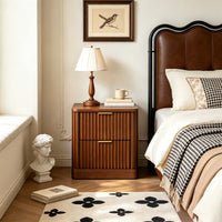 Fluted Solid Wood Nightstand with 2 Drawers, Vintage Rounded Bedside Cabinet for Bedroom Storage