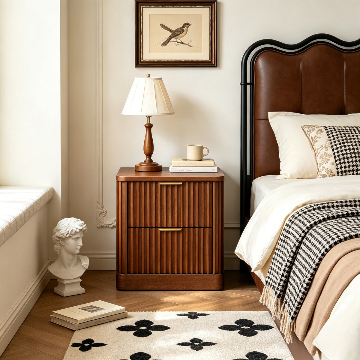 Fluted Solid Wood Nightstand with 2 Drawers, Vintage Rounded Bedside Cabinet for Bedroom Storage