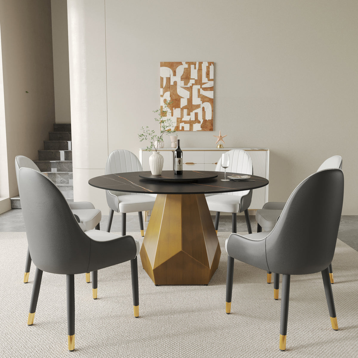 2 Sizes & 2 Colors Round Dining Table – Optional Rotating Lazy Susan, Gold-Geometric Pedestal Base