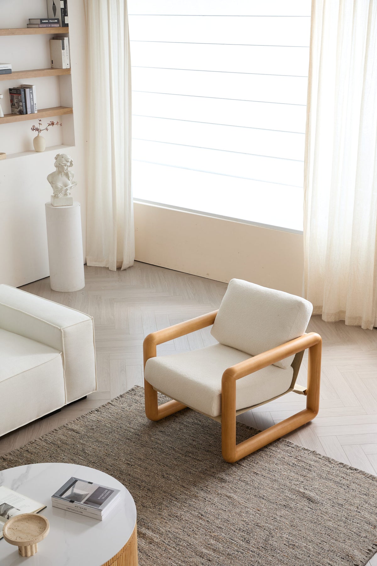 Modern Solid Wood Frame Single Sofa Chair – Sherpa Fabric, Minimalist Design for Living Room & Study