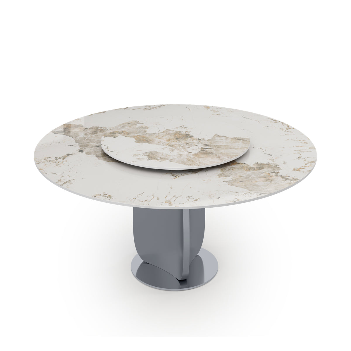 2 Sizes & 3 Colors Round Sintered Stone Dining Table – Optional Rotating Lazy Susan, Polished Gray Stainless Steel Pedestal Base, Marble Pattern Tabletop for Home Kitchen & Dining Room