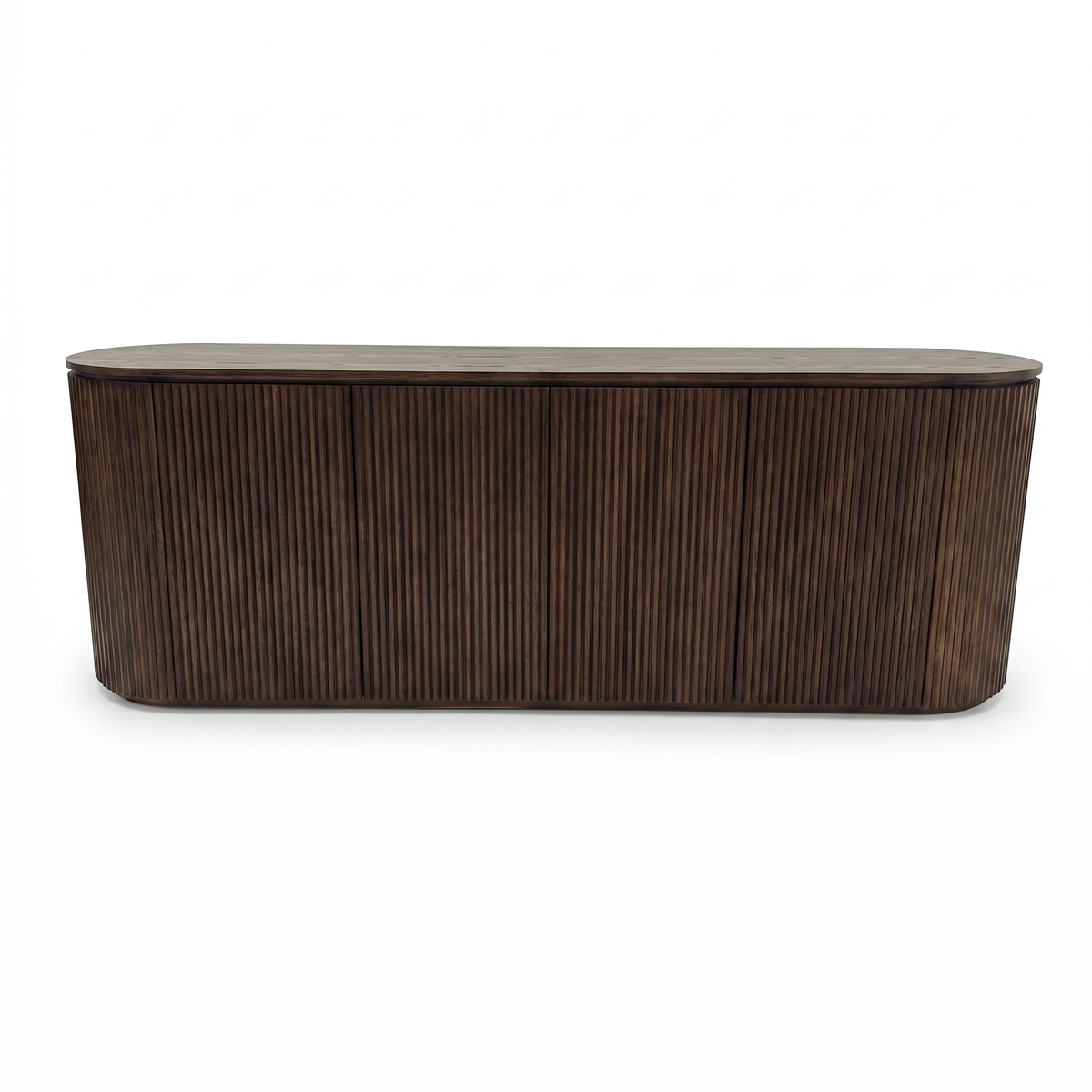 【LAS VEGAS MARKET EXHIBIT】Fluted 4-Door Oval Sideboard, Dark Walnut Finished Wood Ribbed Credenza with Fixed Internal Storage Shelves