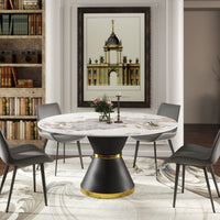 2 Sizes Round Sintered Stone Dining Table – Optional Rotating Lazy Susan, 2 Colors (Black/White) Pedestal Base with Gold Trim, Marble Pattern Tabletop