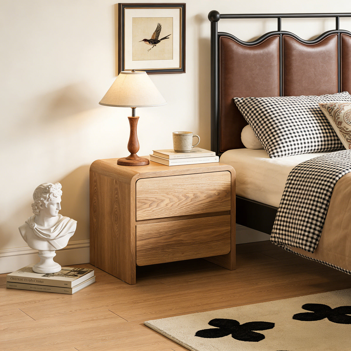 Natural Wood Tone 2-Drawer Nightstand, Modern Minimalist Bedside Table