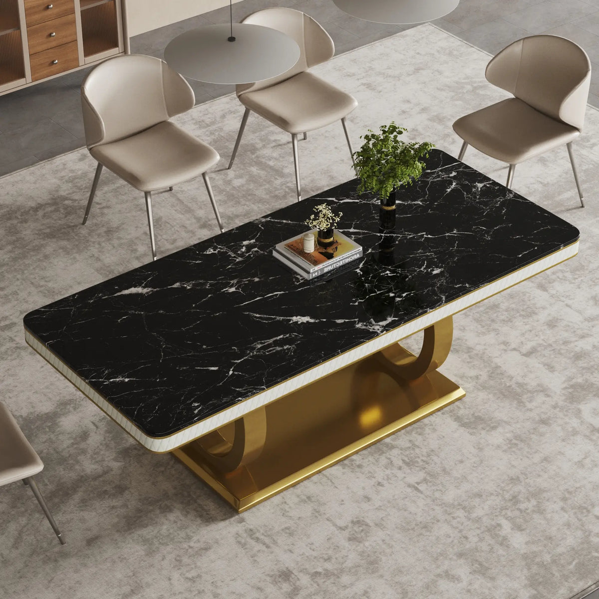 Modern Marble Dining Table, U-Shape Stainless Steel Base for Dining Room