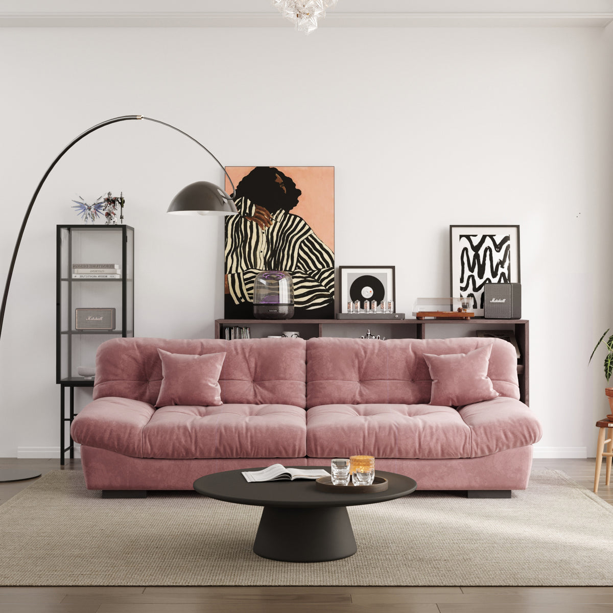 Extended Puff-Style Cushioned Modular Sofa – Soft Velvet Fabric + 3D Quilting, Retro Relaxed Vibe Living Room Sofa