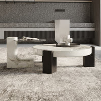 Black & White Veined Laminate Round Coffee Table – Contrast Block Legs Center Table