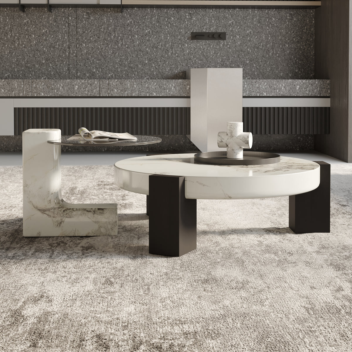 Black & White Veined Laminate Round Coffee Table – Contrast Block Legs Center Table
