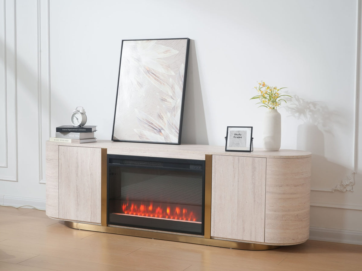 Modern Travertine Panel TV Stand with Fireplace