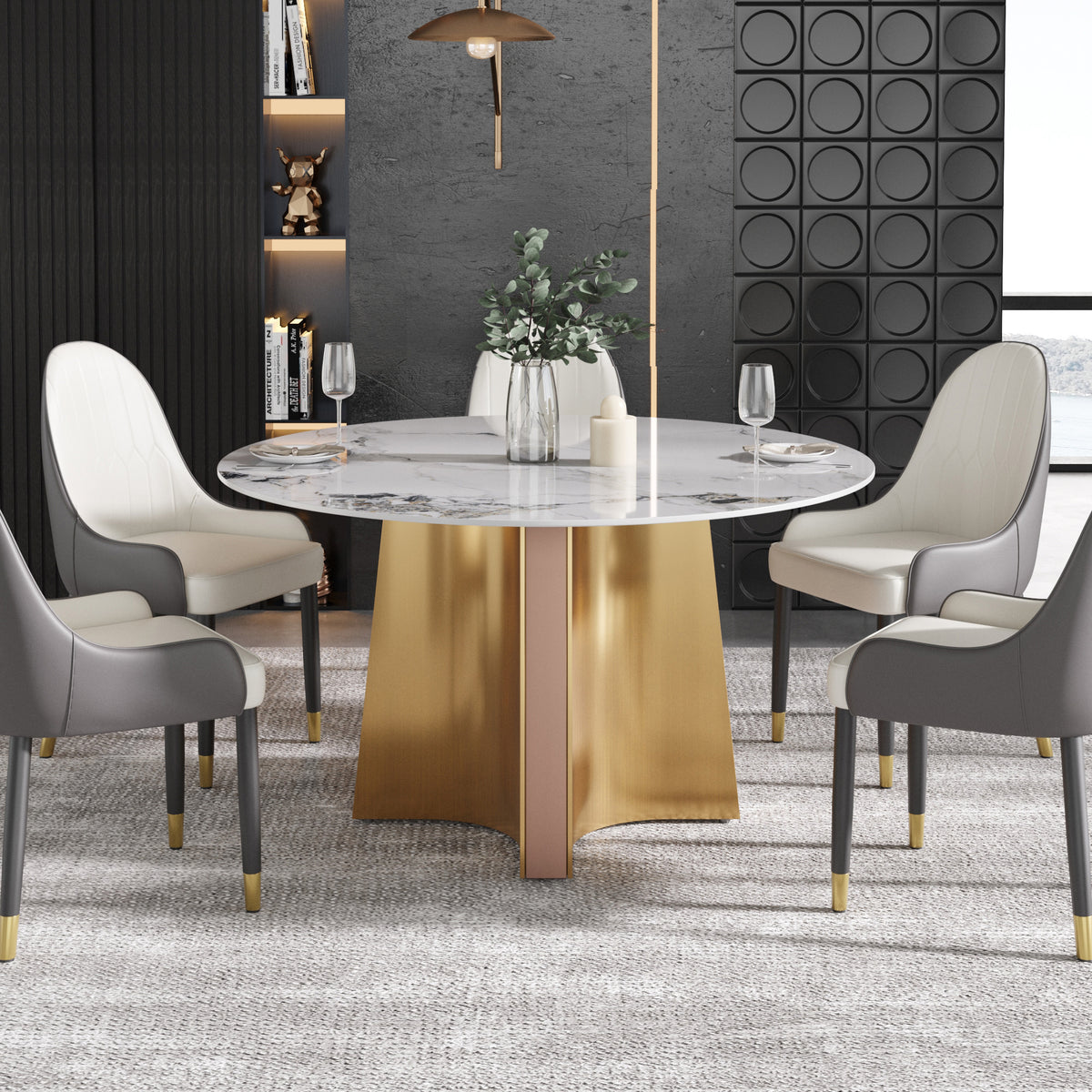 2 Sizes & 3 Colors Round Sintered Stone Dining Table – Optional Rotating Lazy Susan, Gold-Rose Gold Pedestal Base for Luxury Home