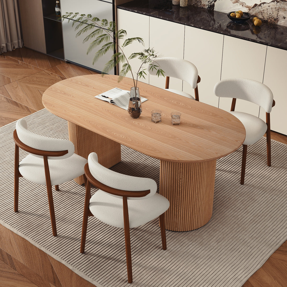 Modern Oval Fluted Pedestal Dining Table – Solid Wood Grain Tabletop for Dining Room