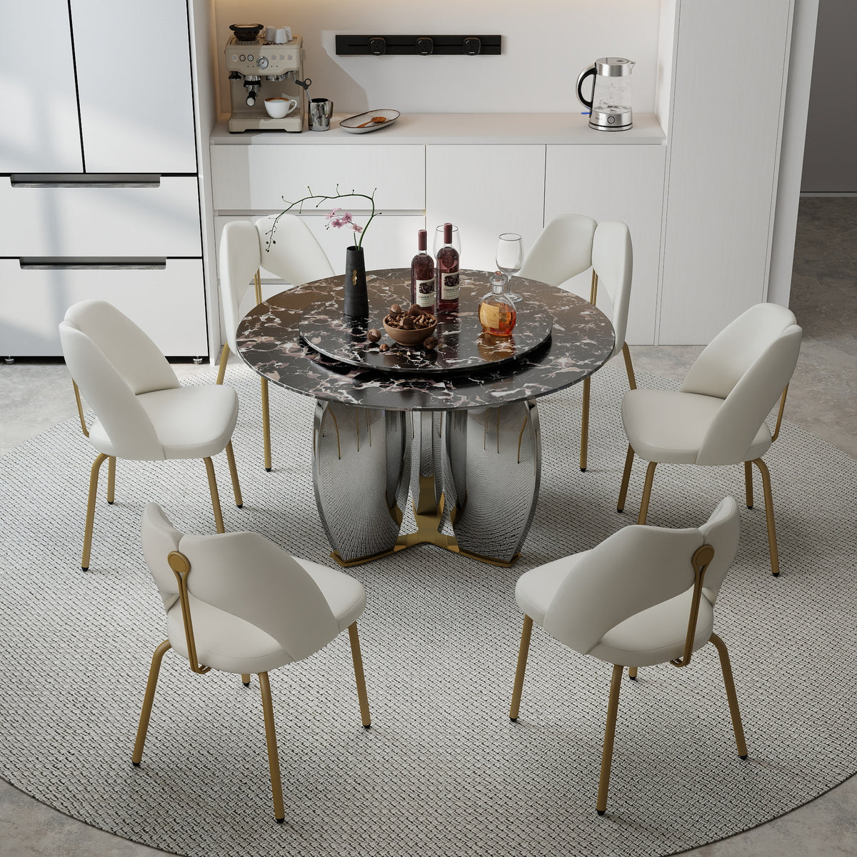 Mirrored Base Round Dining Table – 2 Color/Size Marble Tabletop Options, Optional Lazy Susan