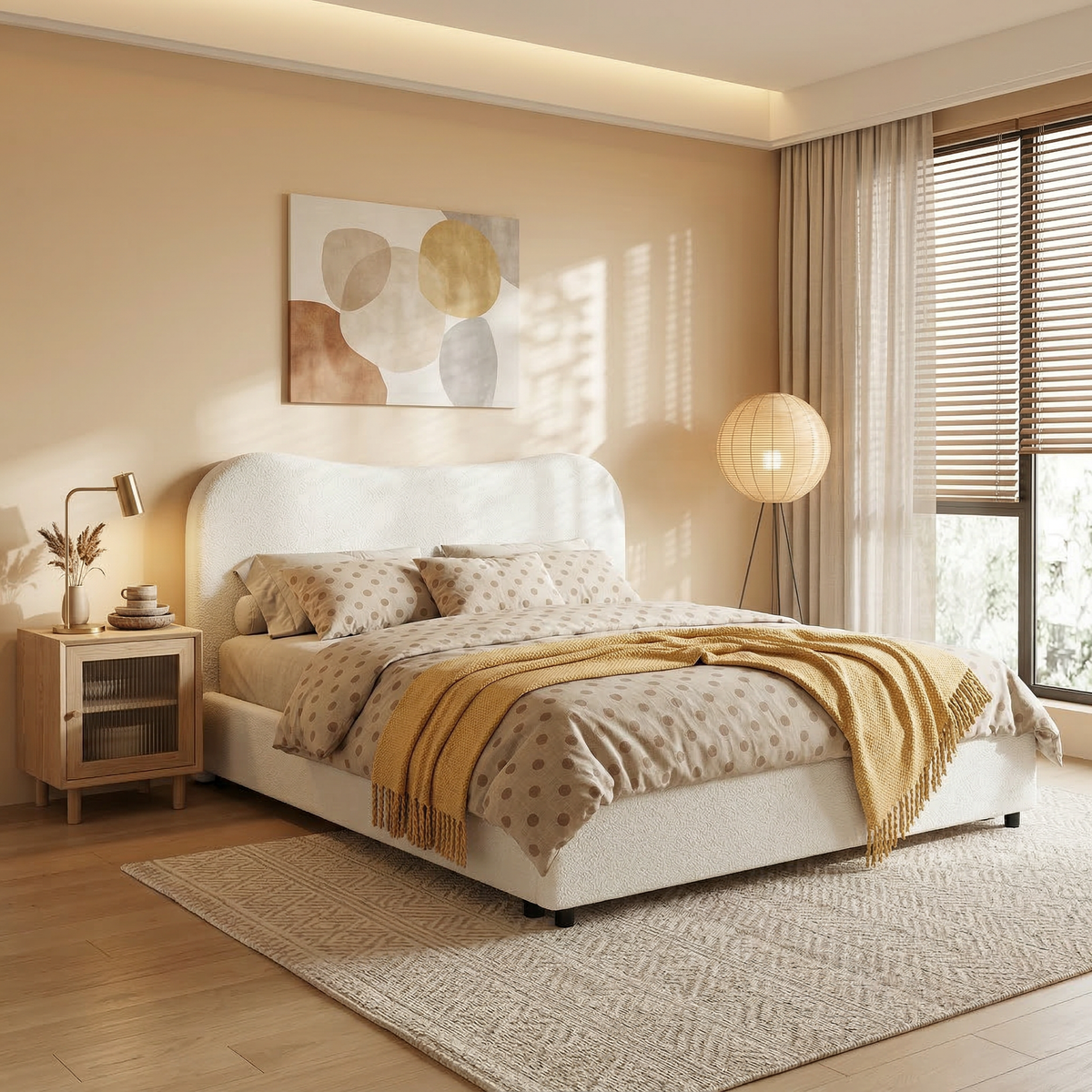 Wave-Shaped Upholstered Platform Bed – 2 Color Options, Queen & King Size