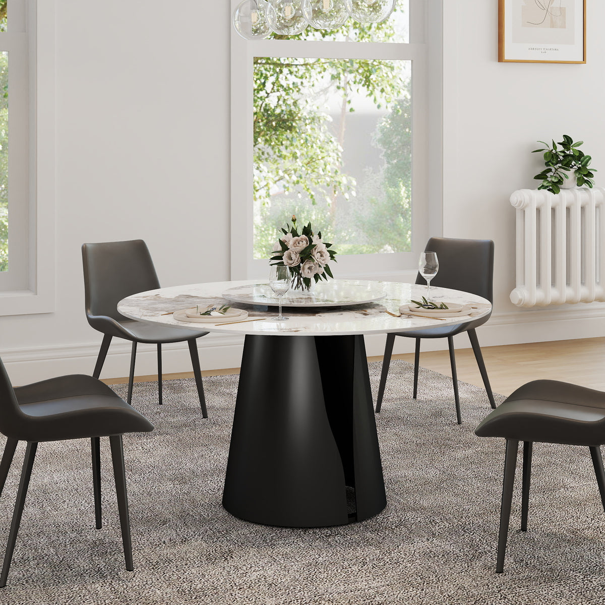 2 Sizes Round Pandora-Color Dining Table – Optional Rotating Lazy Susan, Black Pedestal Base