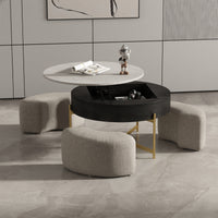 Lift-Top Round Coffee Table with Hidden Storage & 3 Upholstered Stools – 2 Color Options (Black/Natural Wood)