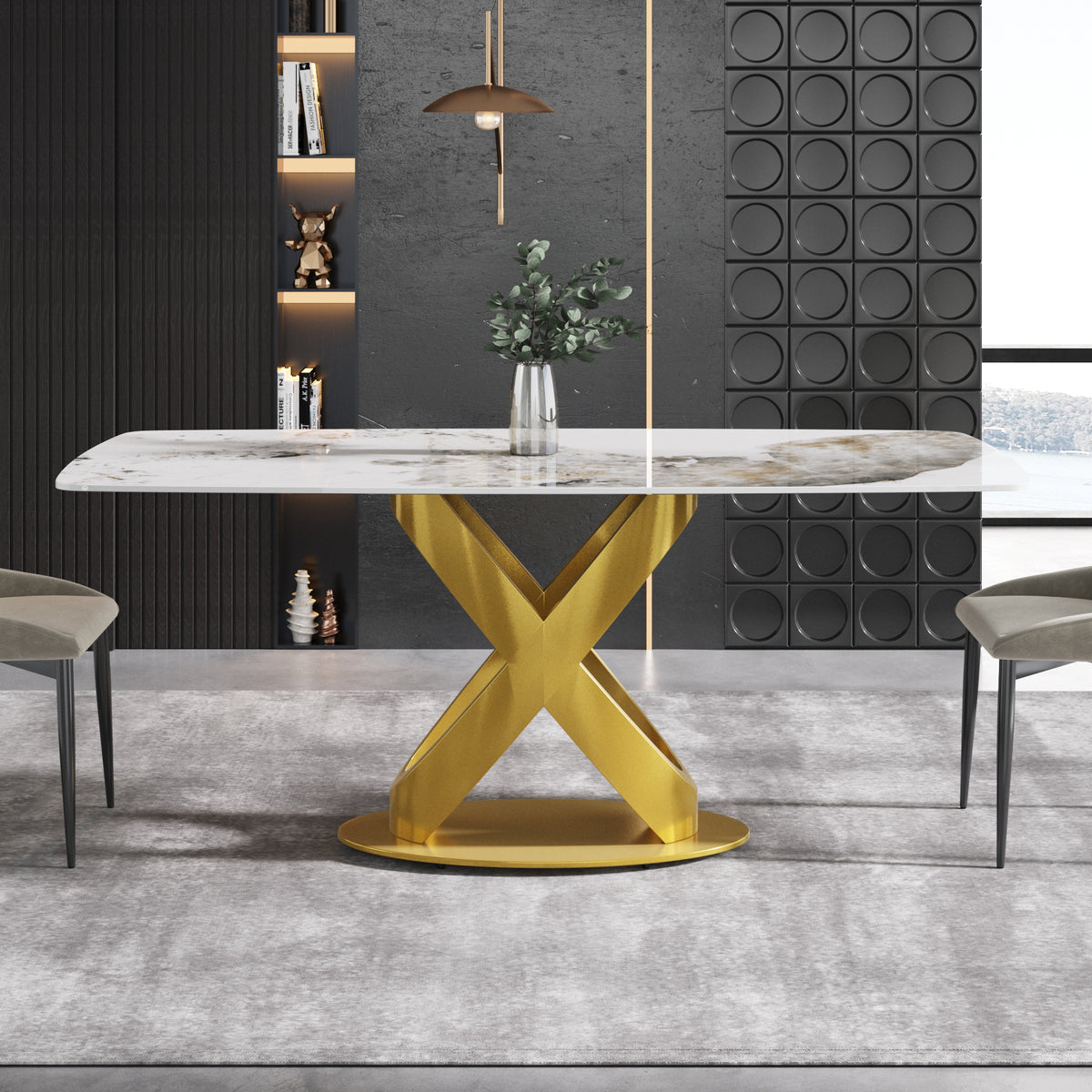 63/70.9inch Sizes & 3 Colors Rectangular Marble Dining Table – Gold/Black Carbon Steel X-Base
