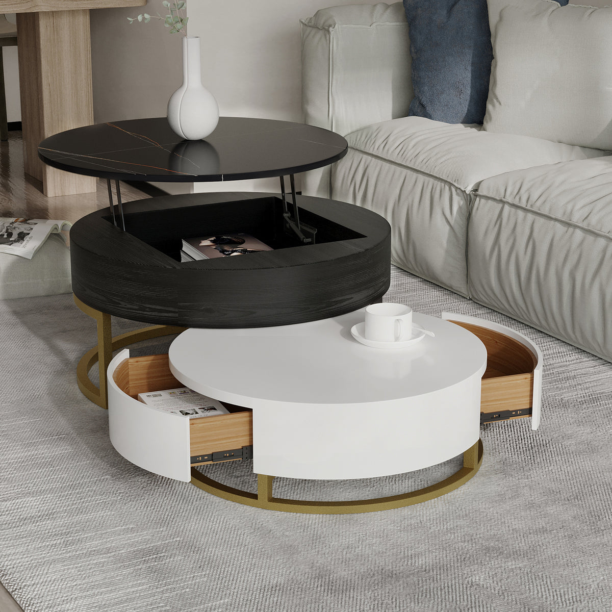 Lift-Top Nesting Coffee Table with Storage – 2 Tabletop Options (Black/White Sintered Stone)