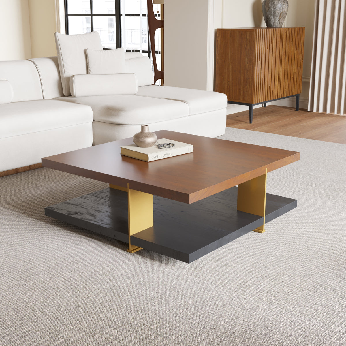 Walnut & Black Ash Square Coffee Table with Gold Accents