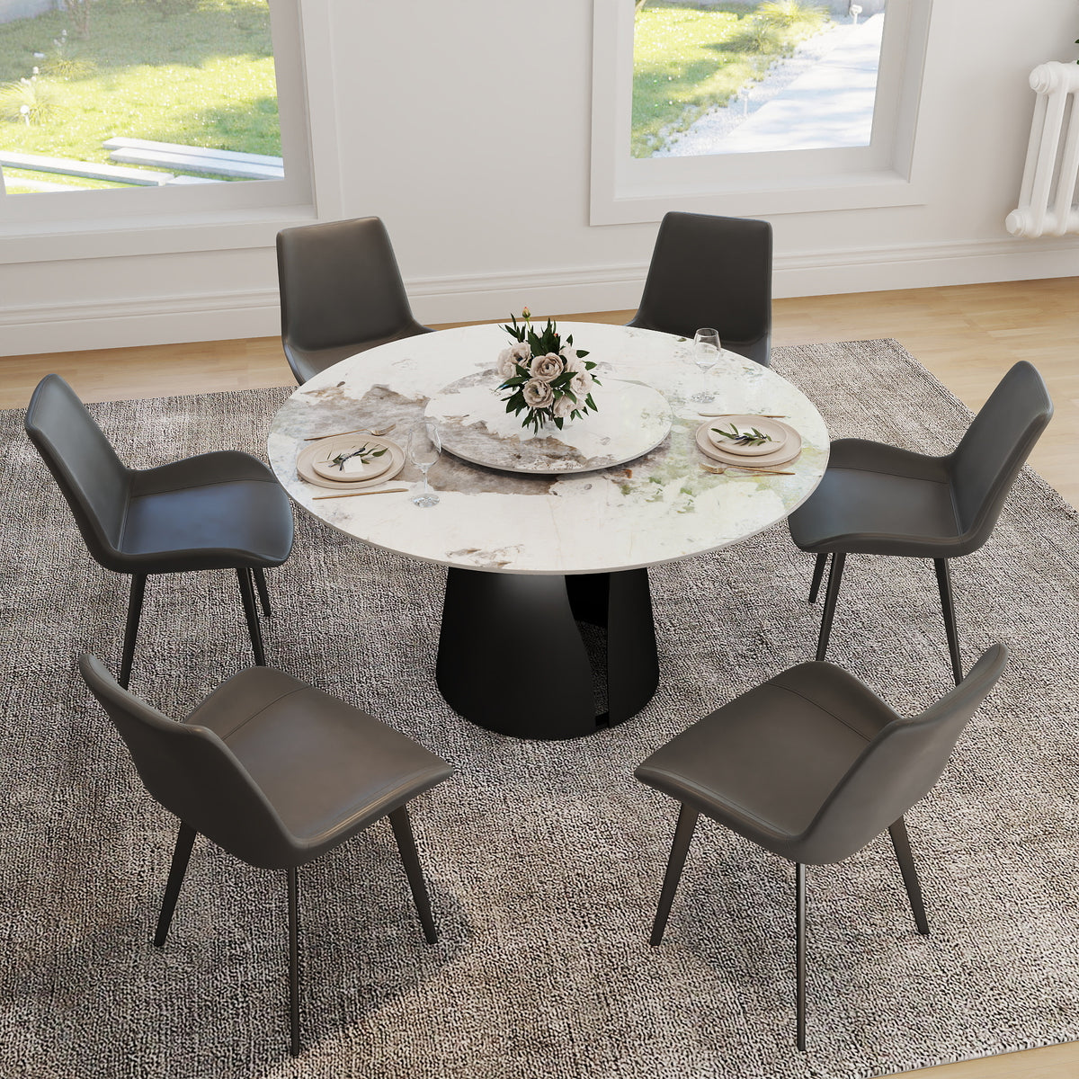 2 Sizes Round Pandora-Color Dining Table – Optional Rotating Lazy Susan, Black Pedestal Base
