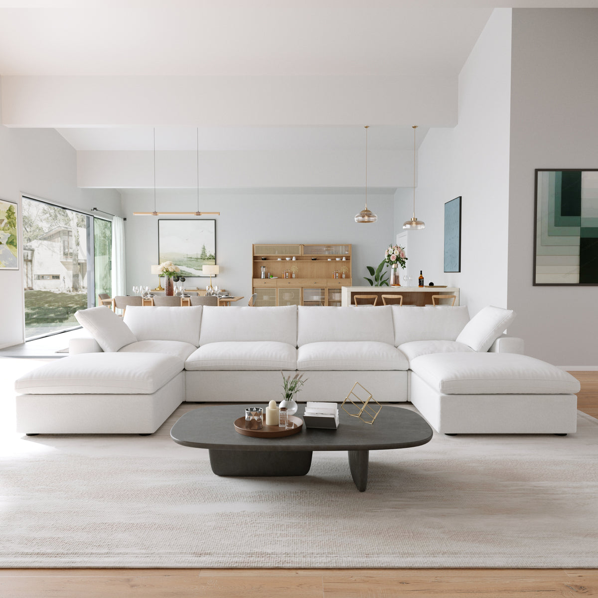 Sky Cloud Sectional Sofa | Pet-Friendly Cover 160-Inch Linen U-Shaped Sectionals 6-Seaters