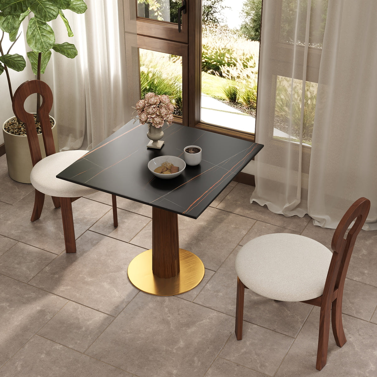 Light Luxury Conversation Table – Multi-Shape & Material Options + Column-Pattern Solid Wood Leg, Light Retro Leisure Table