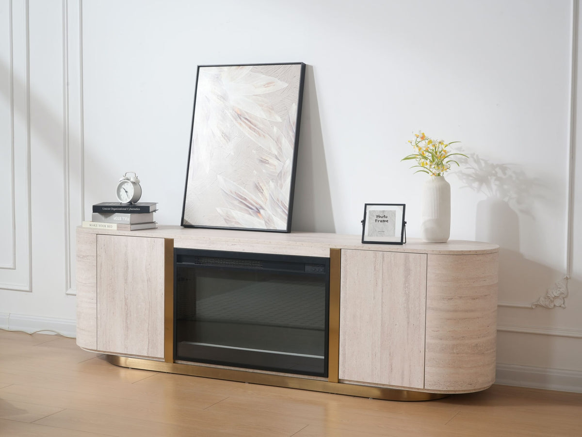 Modern Travertine Panel TV Stand with Fireplace