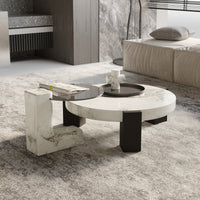 Black & White Veined Laminate Round Coffee Table – Contrast Block Legs Center Table