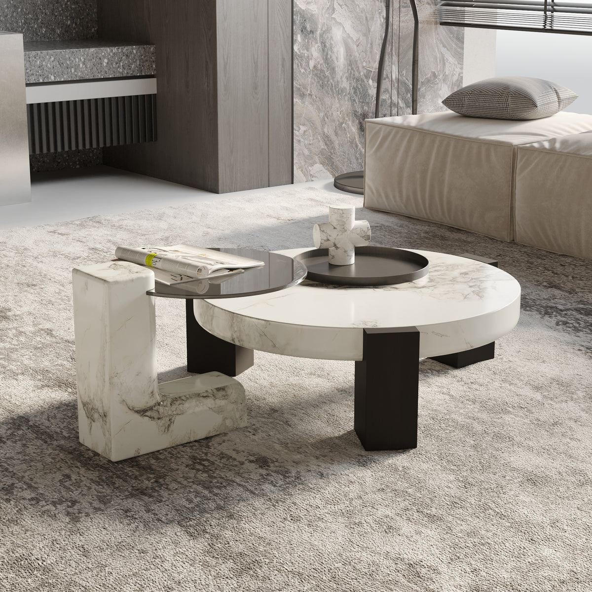 Black & White Veined Laminate Round Coffee Table – Contrast Block Legs Center Table
