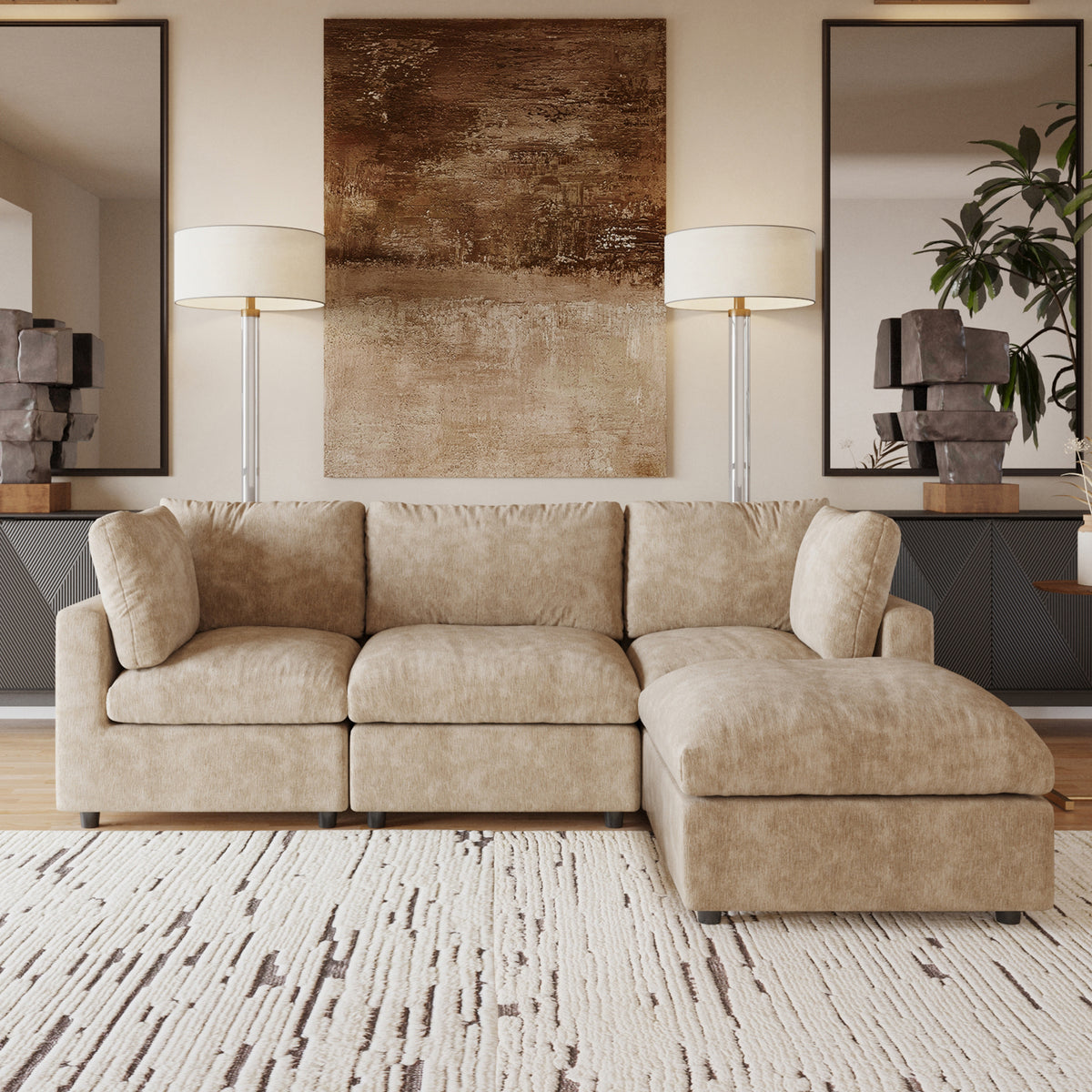 Modular Sofa with Ottoman – Chenille & Linen-Cotton Blend Fabric (4-Color Options), Sectional Sofa for Living Room