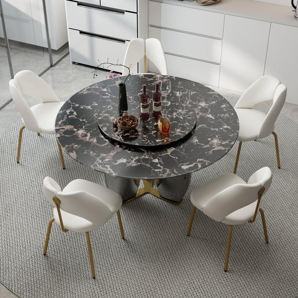 Mirrored Base Round Dining Table – 2 Color/Size Marble Tabletop Options, Optional Lazy Susan