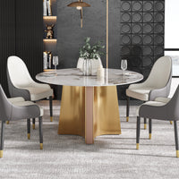 2 Sizes & 3 Colors Round Sintered Stone Dining Table – Optional Rotating Lazy Susan, Gold-Rose Gold Pedestal Base for Luxury Home