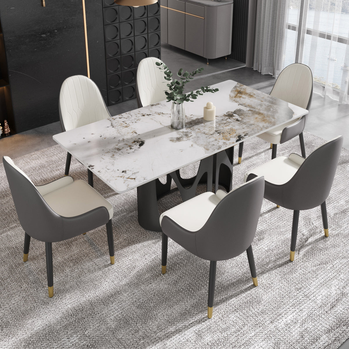 2 Sizes & 3 Colors Rectangular Dining Table – Artistic Cutout Metal Pedestal Base