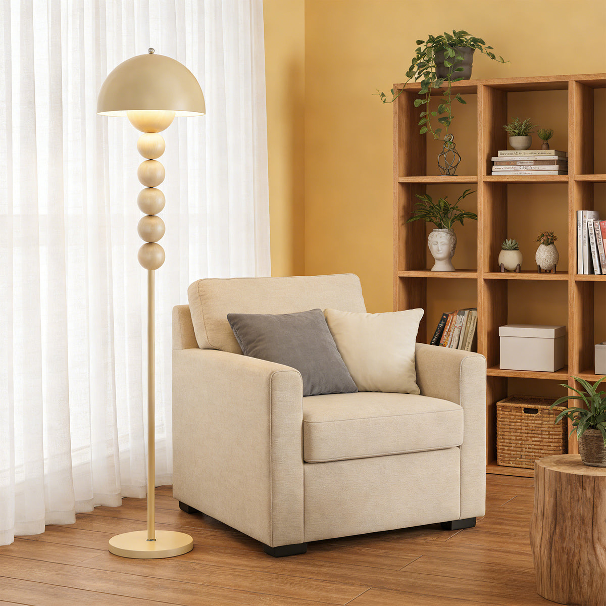 Cream Mushroom Floor Lamp with Beaded Stem – Modern Standing Lamp for Living Room & Bedroom