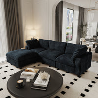 L-Shaped Corduroy Modular Sofa with Ottoman – Cream White Ribbed Fabric, Sectional Sofa for Living Room