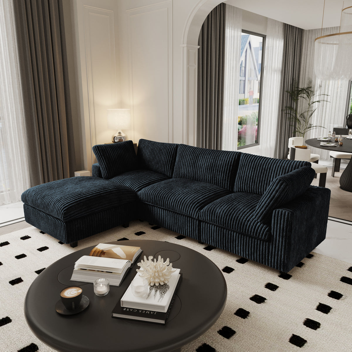 L-Shaped Corduroy Modular Sofa with Ottoman – Cream White Ribbed Fabric, Sectional Sofa for Living Room