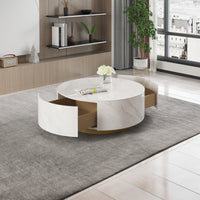 Fluted Round Coffee Table with Sintered Stone Top & Double Storage Drawers – 2 Color Options (White/Black)