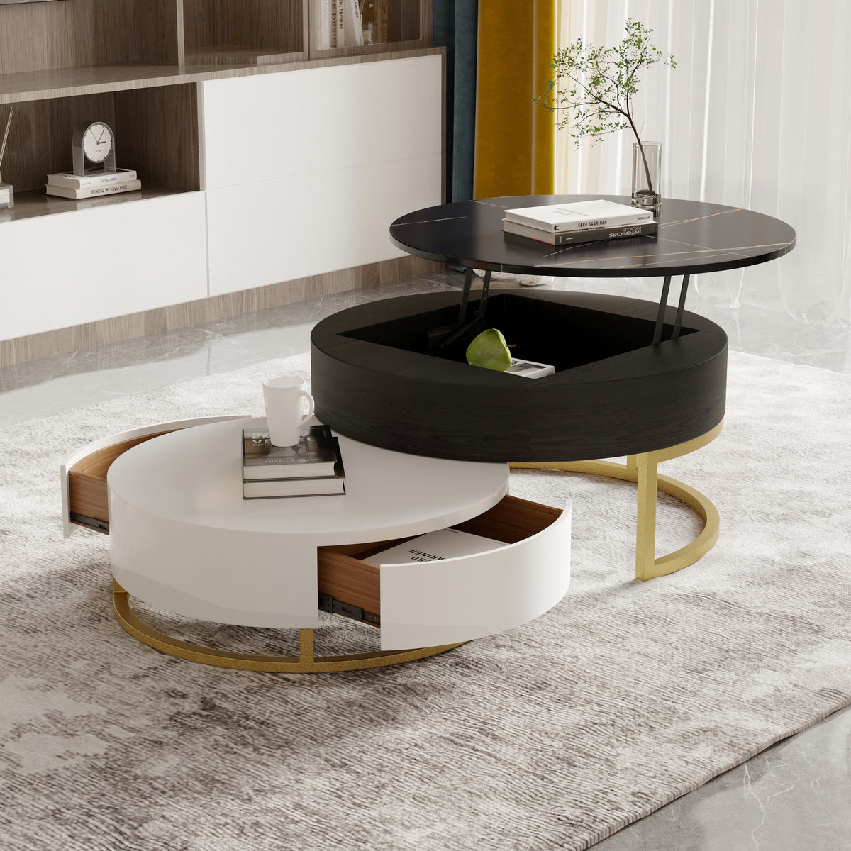 Lift-Top Nesting Coffee Table with Storage – 2 Tabletop Options (Black/White Sintered Stone)