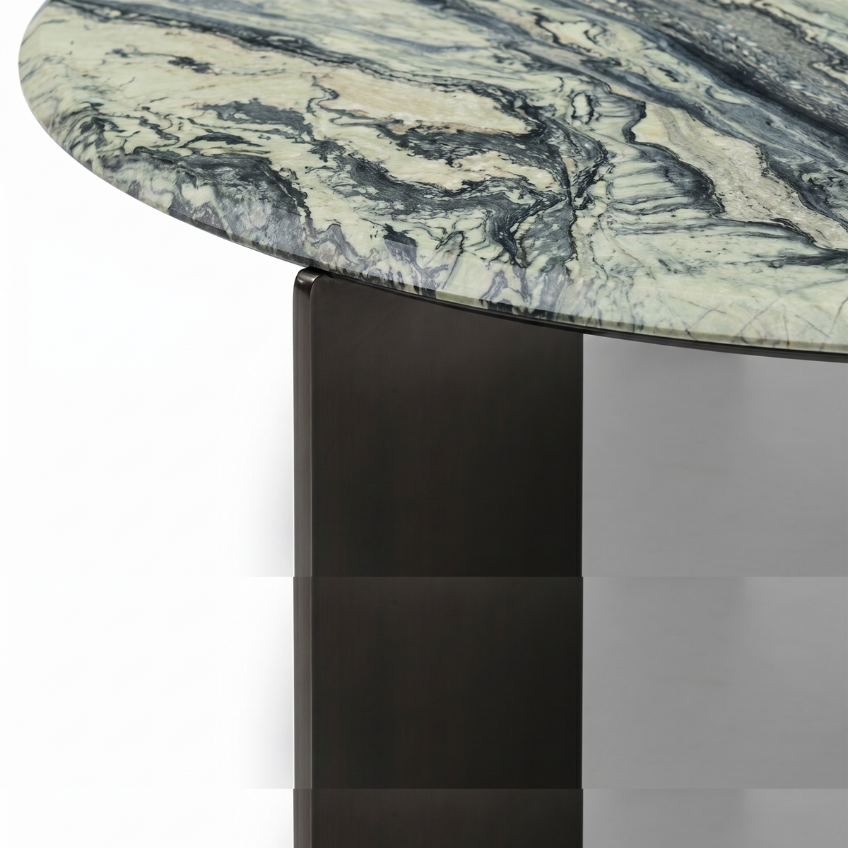 【LAS VEGAS MARKET EXHIBIT】Round Green Vein Sintered Stone Coffee Table, Two Flat Dark Bronze Metal Legs Luxury Living Room Center Table