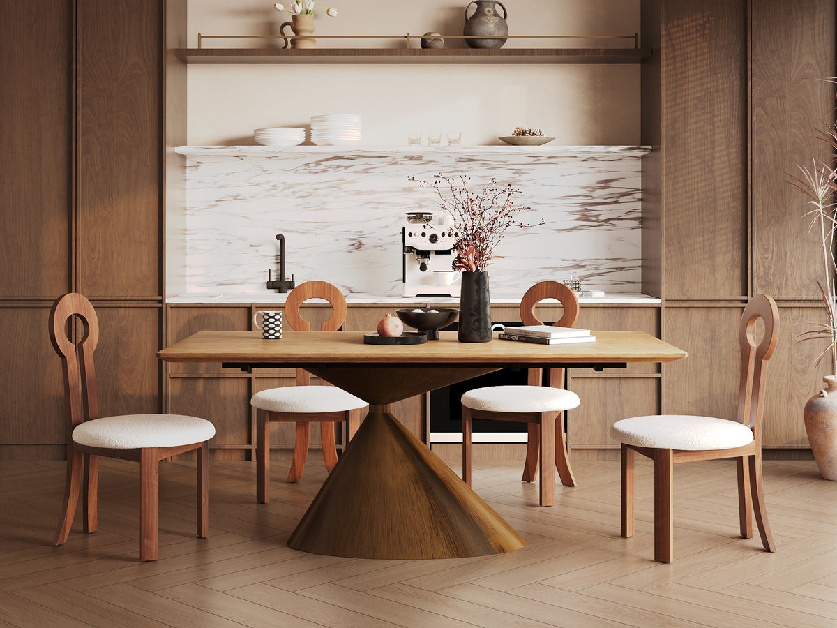 Rectangular Wood Dining Table, Conical Metal Pedestal Dining Table