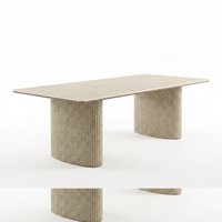 【LAS VEGAS MARKET EXHIBIT】Fluted Travertine Veneer Sintered Stone Dining Table, Oval Double Pedestal Rectangle Table