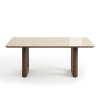 Travertine Top Dining Table with Walnut Base – Modern Rectangular Kitchen Table