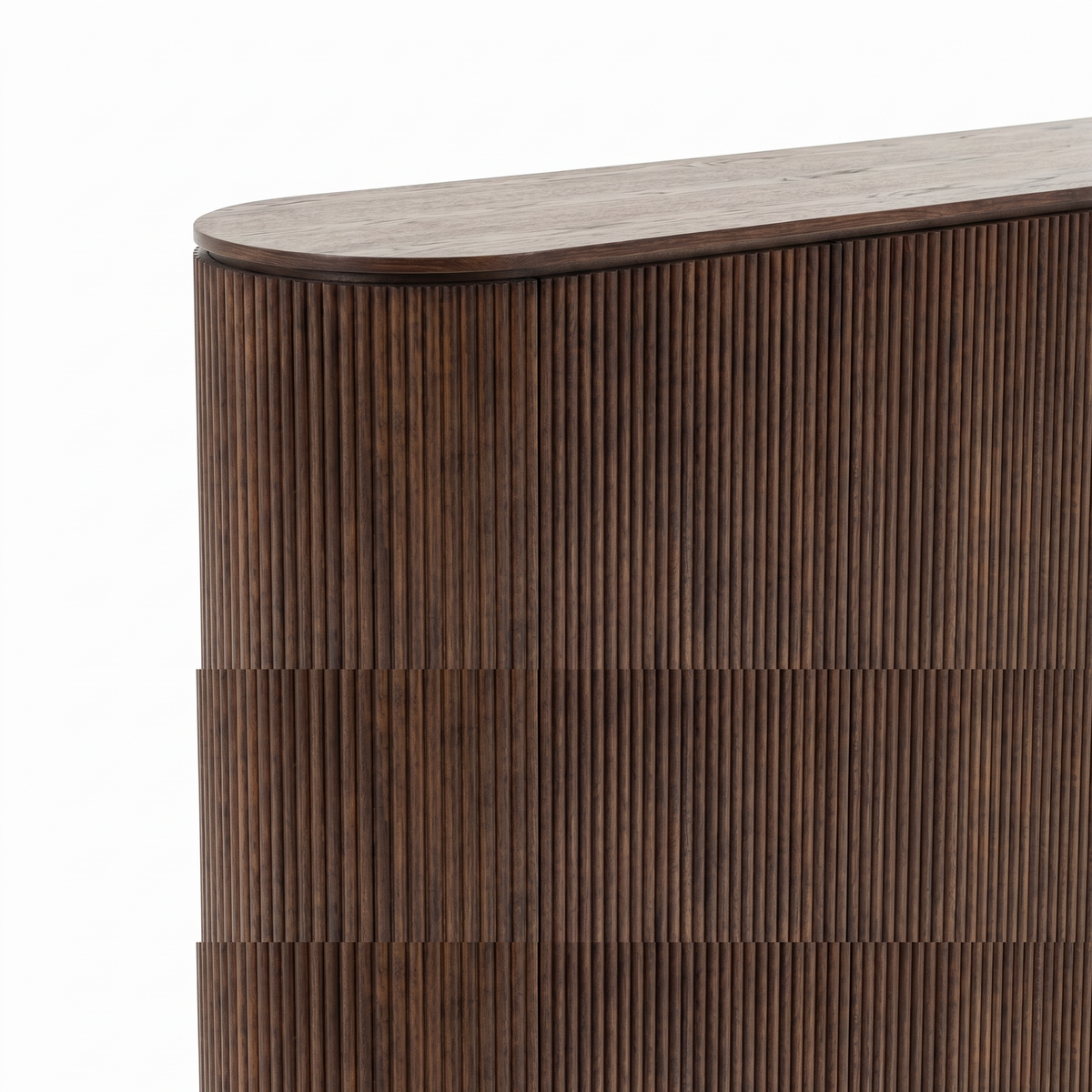 【LAS VEGAS MARKET EXHIBIT】Fluted 4-Door Oval Sideboard, Dark Walnut Finished Wood Ribbed Credenza with Fixed Internal Storage Shelves