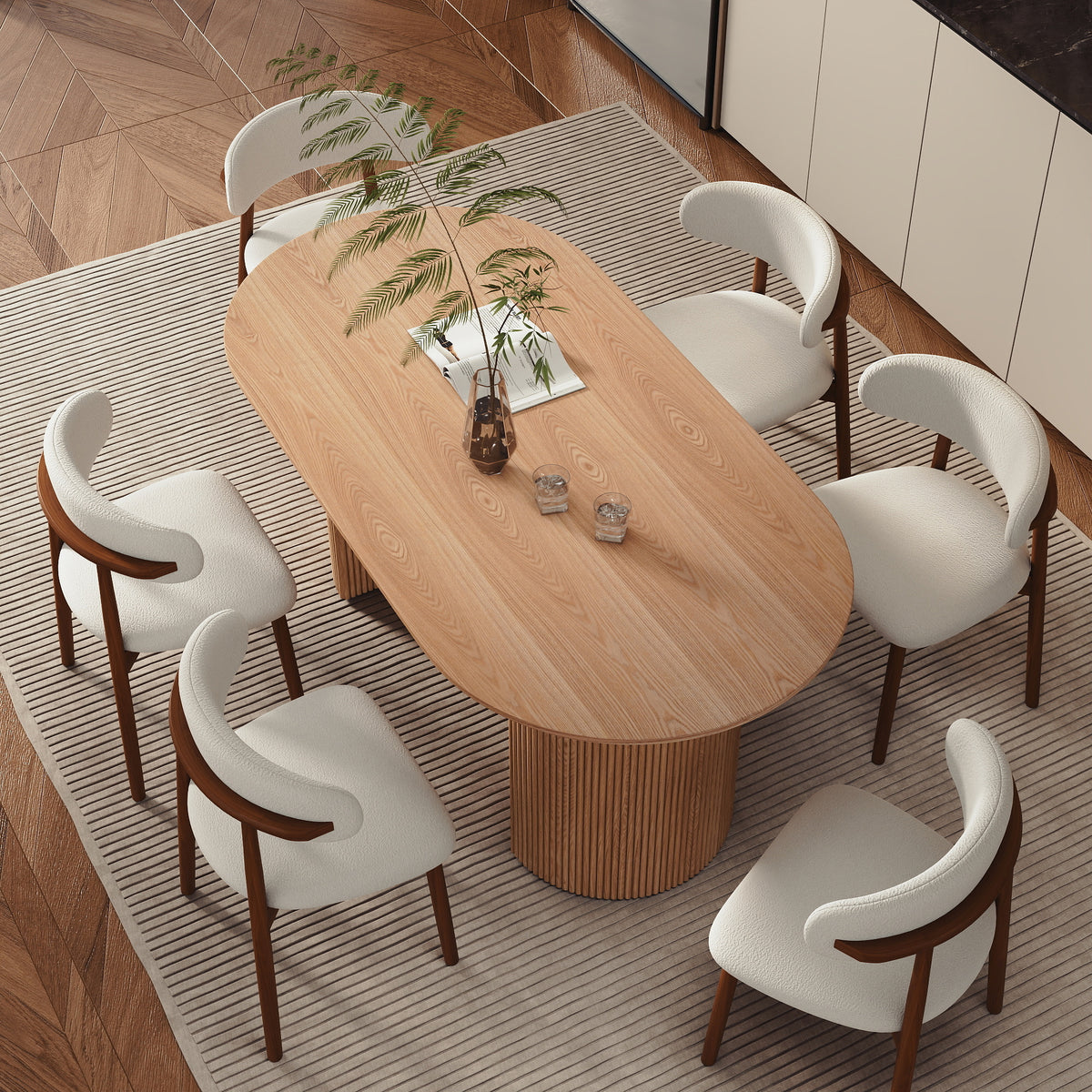 Modern Oval Fluted Pedestal Dining Table – Solid Wood Grain Tabletop for Dining Room