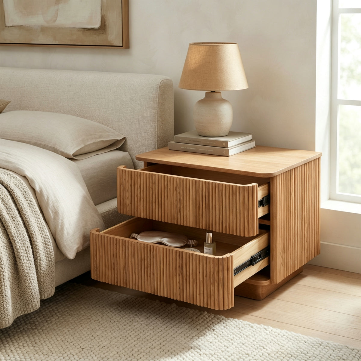 Fluted Wood 2-Drawer Nightstand, Smooth Curved Trim Wooden Bedside Storage Cabinet for Minimalist Bedroom