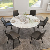 2 Sizes Round Sintered Stone Dining Table – Optional Rotating Lazy Susan, Black Metal Legs, Marble Pattern Tabletop for Modern Home