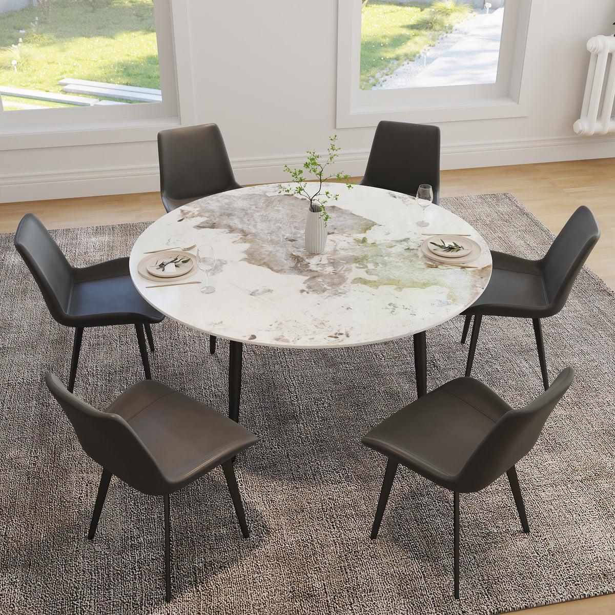 2 Sizes Round Sintered Stone Dining Table – Optional Rotating Lazy Susan, Black Metal Legs, Marble Pattern Tabletop for Modern Home