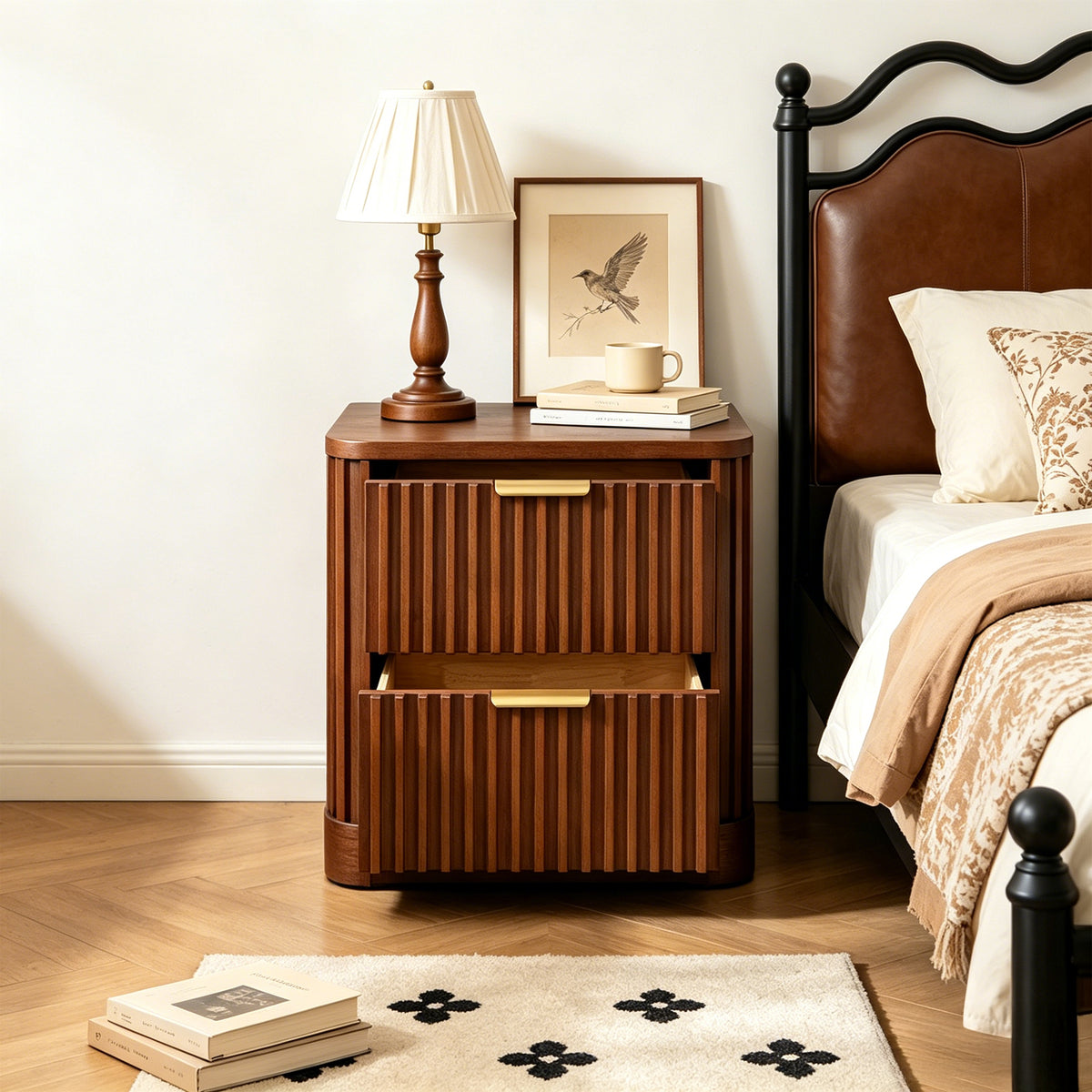 Fluted Solid Wood Nightstand with 2 Drawers, Vintage Rounded Bedside Cabinet for Bedroom Storage